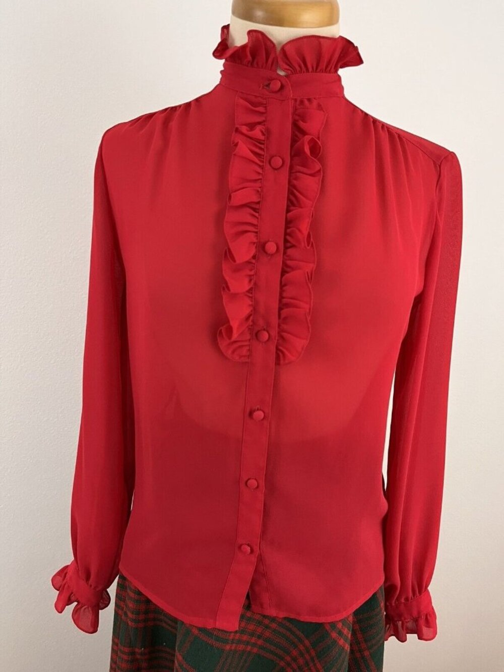 Vintage Corliss Women's 32 Blouse Top Shirt Secretary Geek Frilly Ruffle Red